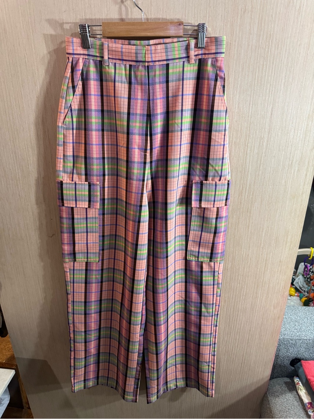 Women’s Collusion High-Waist Pink Plaid Wide-Leg Pants Size 6